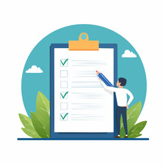 Complete checklist or finishing checkbox, task done within deadline, complete tasks list or project, approval or achievement concept, businessman put tick on complete checklist on paper clipboard