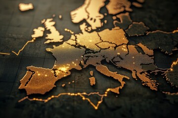 Detailed golden map of europe with illuminated cities on a dark textured background for visualizations