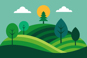 Fototapeta premium Serene Green Hills A Summer Landscape Illustration of Rolling Hills, Lush Trees, and Sunny Skies