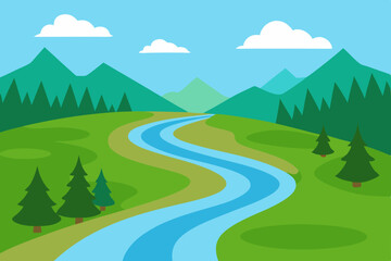 Obraz premium Serene River Winding Through Majestic Mountains A Picturesque Landscape Illustration