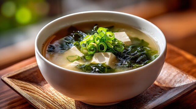 A steaming bowl of miso soup topped with tofu, seaweed, and green onions served on a wooden tray.