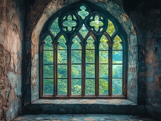 Fototapeta premium Historic Gothic Arch Window with Stained Glass and Green Tree View in Old Stone Building