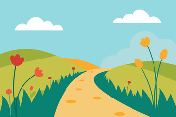 Obraz premium Serene Countryside Path A Journey Through Rolling Hills and Blooming Flowers