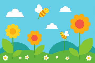 Naklejka premium Cute Bees and Sunny Flowers A Springtime Illustration