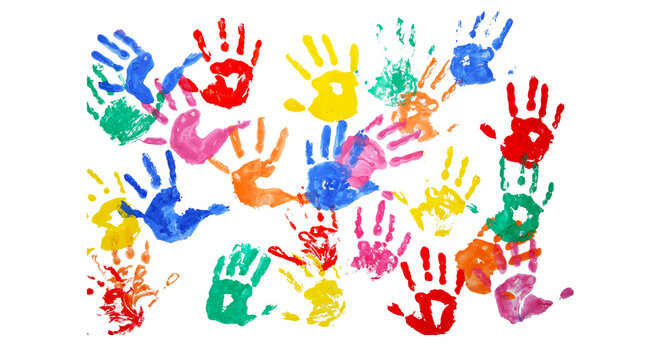 A vibrant collection of colorful handprints created with paint on white background