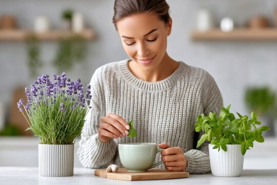 Woman adding fresh mint to herbal tea at home