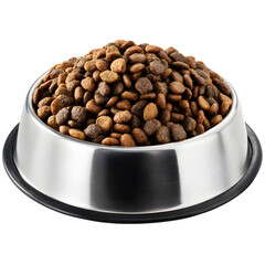 A stainless steel pet bowl filled with delicious dry dog food against a isolated on white transparent background ideal for nutrition and pet care concepts 