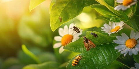 A high quality background portraying close up of insects on leaves or flowers in a sustainability theme.