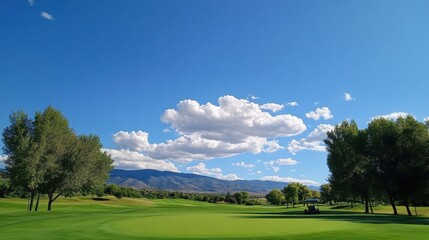 Stunning Golf Course Landscape: Lush Green Fairways Under Bright Blue Skies with White Clouds and Scenic Mountains