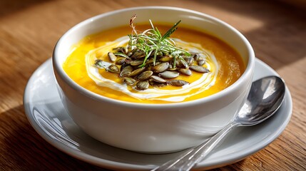 Creamy Pumpkin Soup Topped with Pepitas and Herbs in a White Bowl