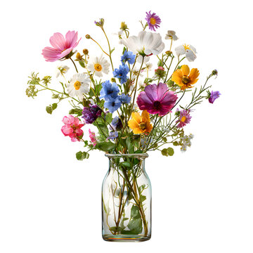 A vibrant and colorful floral bouquet displayed in a glass vase against a background highlighting the beauty of mixed wildflowers isolated on white transparent