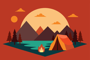 Sunset Camping Adventure Mountains, Lake, and Campfire Illustration