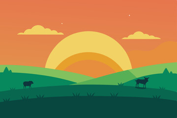 Serene Sunset Landscape Pastoral Scene with Silhouette Animals