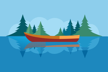 Serene Lakeside Escape Rowboat on Calm Waters, Surrounded by Majestic Pine Trees