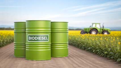 Green fuel diesel barrels stand on dirt road with yellow flower field and tractor in blurred rural agricultural background.