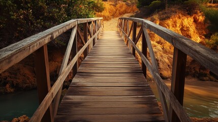 Obraz premium Scenic Wooden Walkway to Praia do Camilo: A Stunning Algarve Beach near Lagos, Embracing Summer Nature and Coastline Beauty