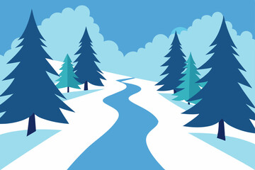 Winter Wonderland Serene River Winding Through Snowy Pine Forest