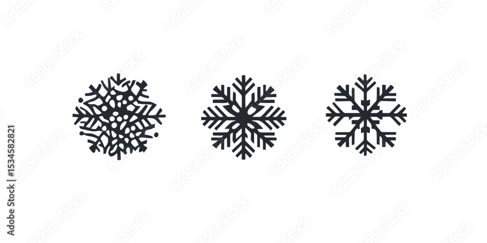 Poster solid black shadow silhouette icon set featuring three unique snowflake designs suitable for various