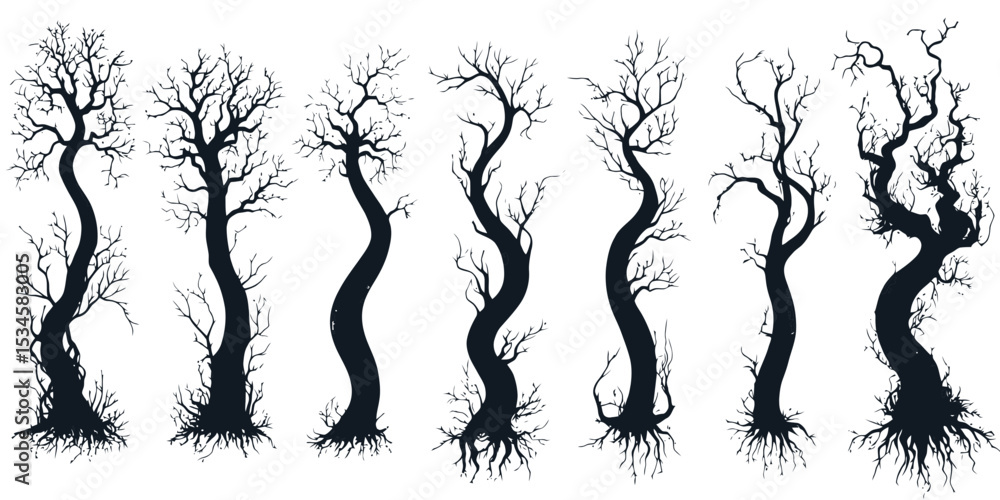 Poster set of decomposer shadow outlines for compost showing various twisted tree shapes ideal for gardenin