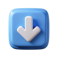 3d blue square button with white down arrow isolated on transparent background