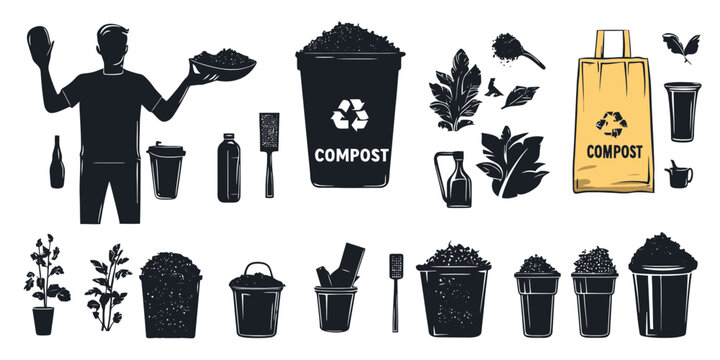 Finished compost silhouette icons depicting various activities and elements related to composting, gardening, and sustainability