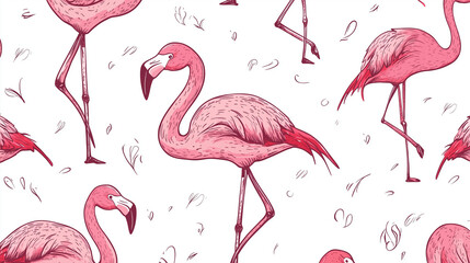 Obraz premium Flamingo birds in various poses are arranged in a trendy vector seamless pattern, hand drawn in doodle style and isolated on a white background for summer textile prints.
