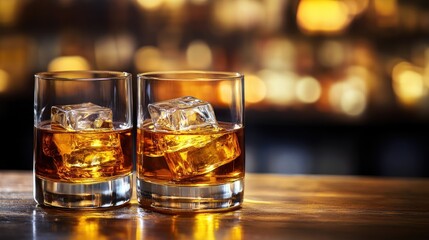 Two whiskey glasses with ice on a bar top