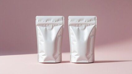 Two blank white snack pouch mockup isolated on pink background