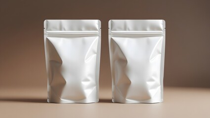 Two standing white snack pouch packaging template isolated on brown background