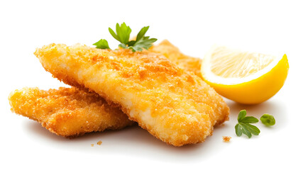 breaded fish, close-up, isolated on a white background