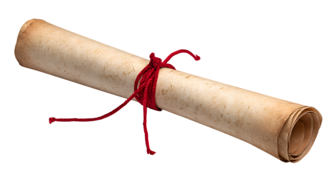 Aged scroll bound with red cord a timeless symbol of knowledge information and historical documents ideal for conceptual design and artistic projects isolated on white transparent