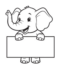 Fototapeta premium Black and white outline drawing of a cartoon elephant holding a sign