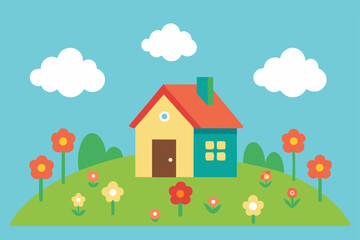 Naklejka premium Charming House on a Hilltop with Blooming Flowers A Springtime Scene