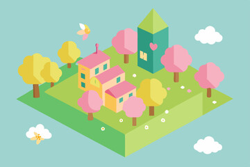 Fototapeta premium Charming Spring Village Isometric Illustration of a Quaint Town with Blooming Cherry Trees