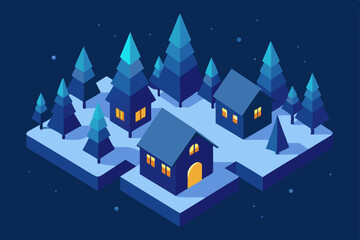 Fototapeta premium Cozy Winter Village Isometric Illustration of Snowy Houses and Pine Trees