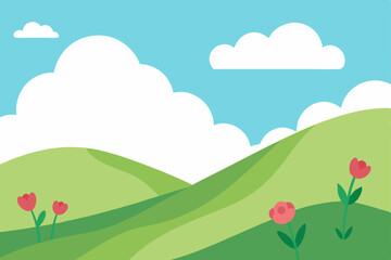 Serene Rolling Hills Landscape Springtime Tulips and Sunny Skies