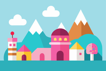 Fototapeta premium Charming Colorful Village Illustration Flat Design Mountain Landscape