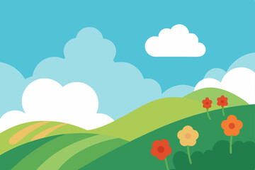 Fototapeta premium Vibrant Hills and Blooming Flowers A Sunny Spring Landscape Illustration