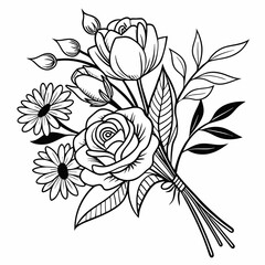 Botanical Floral Bouquet with Roses and Leaves in Line Art.