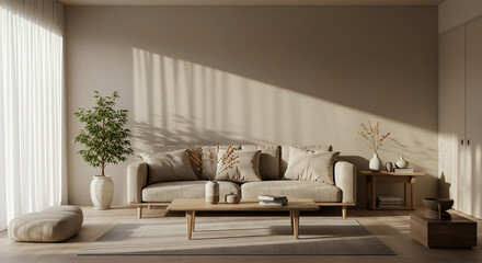 "Zen Harmony – Japanese-Inspired Space with Low Taupe Sofa & Natural Minimalism"