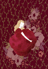 Girl in a Red Dress Embracing a Rose with Floral Elements