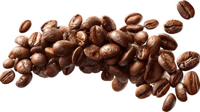 Aromatic roasted coffee beans on isolated on white transparent background capturing essence of freshly brewed coffee and warm beverage enjoyment
