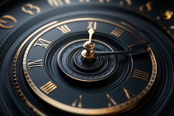 A close up of a black and gold clock face with roman numerals and intricate detailing design style