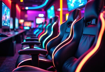 Row of gaming chairs with neon lighting in a modern esports or gaming lounge
