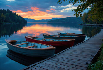 Obraz premium Serene lakeside scene at sunset with boats docked along a wooden pier