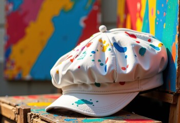 Colorful artist cap resting against vibrant painted backgrounds