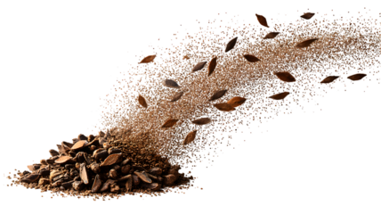 Artistic presentation of cocoa beans ground cocoa and sprinkled cocoa dust isolated against a isolated on white transparent background for food and drink advertising