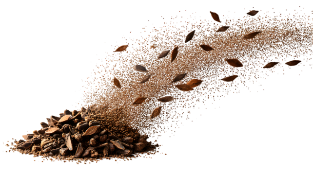 Artistic presentation of cocoa beans ground cocoa and sprinkled cocoa dust isolated against a isolated on white transparent background for food and drink advertising
