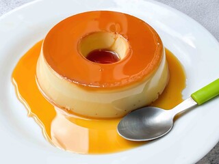 A caramel flan dessert on a white plate with caramel sauce and a spoon on the side ready to eat