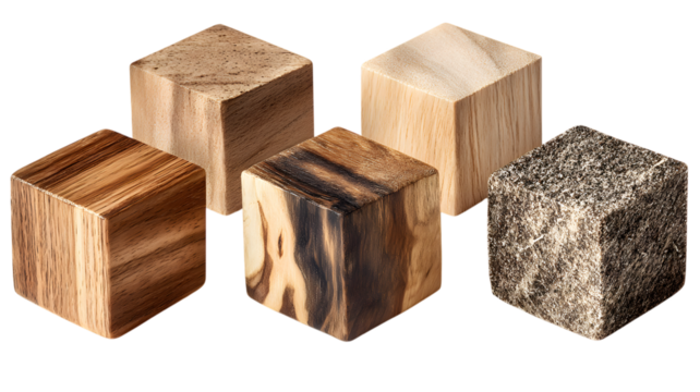 Assortment of cubes crafted from natural wood and stone displaying textural variety and detailed grain patterns isolated on white transparent